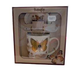 Porcelán bögre kanállal, tányérral, ezüst lepke