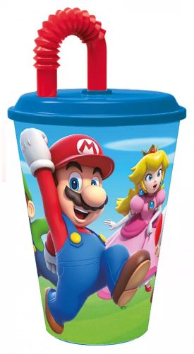 Super Mario Mushroom Kingdom szívószálas pohár, műanyag 430 ml