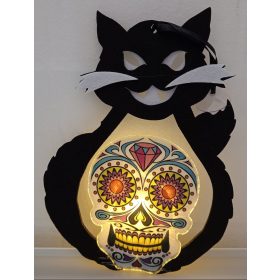   Halloween filc cica dísz világító koponyával, tapadó korongos