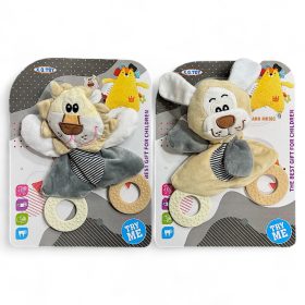   Bébi plüss kutya, csörgő, + rágóka, 2 féle, 21*28 cm., lapon